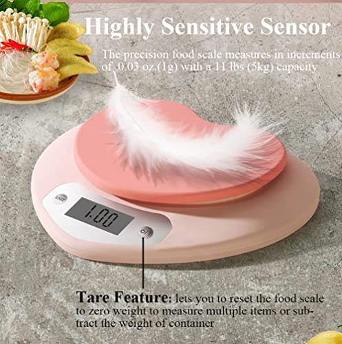 Cute Kitchen Scale, Digital Food Scale with LCD Display, 11 ib (5kg) Capacity, 0.03 oz (1g) Precise Weight Measuring for Baking Cooking (Pink)