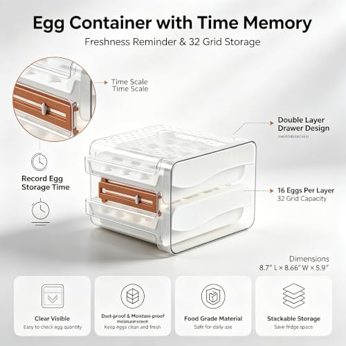 Sooyee Egg Holder for Fridge,2 Drawers 32 Eggs Organizer for Refrigerator,Space-Saving Egg Container, Clear Acrliy 2-Tier Egg Tray Storage for Kitchen - size: 32 Capacity