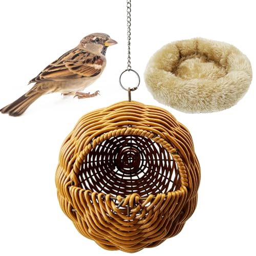 Rattan Birds Nest for Cage Hanging Parakeet House Chewproof Parrot Breeding Bed Small Budgies Hideout Swing Hut Bird Cage Accessories for Lovebirds Cockatiel Conure Finch Canary (Brown)