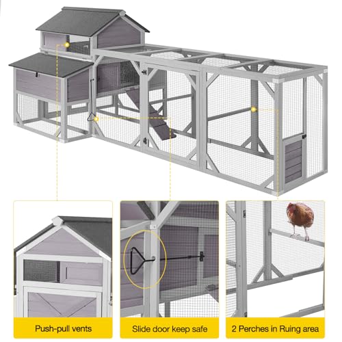 Aivituvin Chicken Coop Extra Large Chicken House with Run for 4-6 Chickens Outdoor Wooden Hen House Poultry Cage with 6 Nesting Boxes, 6 Perches, 118" L (Grey, AIR46M) - size: 118.1"L x 56.7"W x 49.5"H