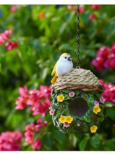 Bird Houses for Outside, with Hanging Chain, Nest-Shaped Resin Waterproof | Practical Birdhouses for Outdoors, Decorative Bird Cage, Garden Decor for Hummingbird, Bluebird, Cardinal and Other Bird - style: Nest