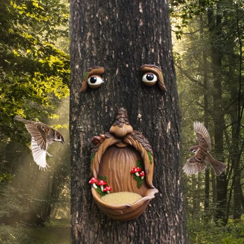 Tree Face Birdfeeder Outdoor Statues Tree Hugger Sculpture Whimsical Garden Decoration Wild Birdfeeder Wild Bird Feeders Outdoor Peeker Art Yard Decoration - color: Design-1