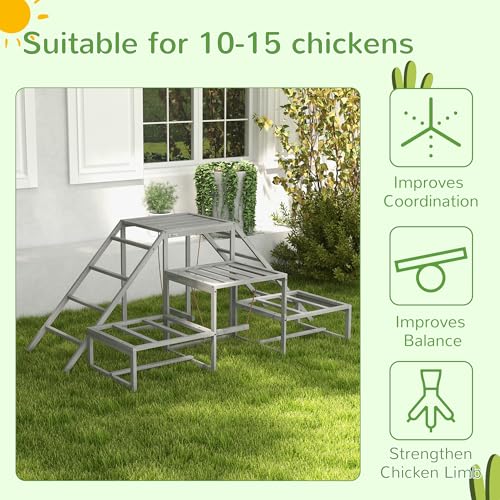 PawHut Chicken Toys for Coop, Chicken Swing Set, Chicken Coop Accessories for Poultry Run with Perches, Wood Stand, Ladder, Platforms, for 10-15 Chickens, Gray | Toys, Coop Accessories for Poultry Run, Ladder, Platforms