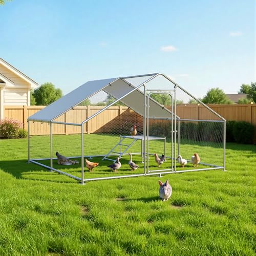 Large Metal Chicken Coop with Roosting Ladder and Cover | Spire roof outdoor cage with roosting ladder and waterproof UV-resistant cover, ideal for chickens, ducks and rabbits - size: 157.5"L x 118.0"W x 78.0"H