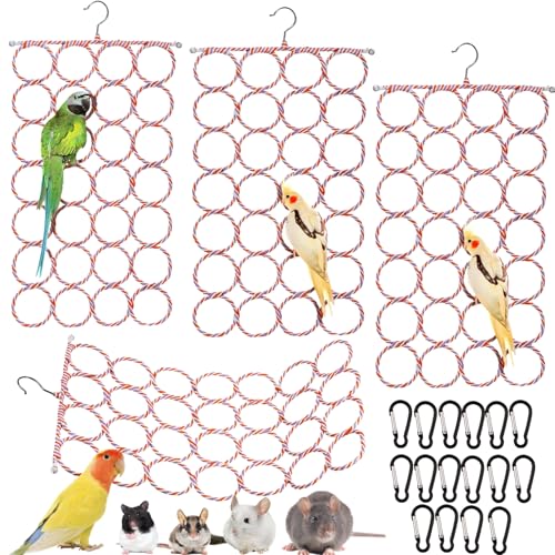 Yopay 4 Pack Parrot Bird Swing Hanging Toys, Rat Climbing Ladder Rope Perch, Net Toy for Cage, Mouse, Mice, Parakeets Cockatiels Conures Lovebirds, Multiple Purpose Scarf Hanger