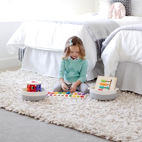 NaturalCozy 5-Piece Round Woven Cotton Rope Storage Baskets for Organizing, Small Shallow Nesting Set for Montessori Toys, Entryway Catchall, Fruit Bowl, Key Tray, Remote Holder, Nursery & Pet Toys - color: Off White & Mixed Gray