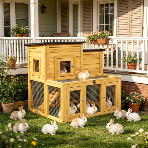 37.8" L Rabbit Hutch Indoor Outdoor for Chickens, Ducks, Quails | 2-Story Pet House, Ventilation Door, Waterproof Asphalt Roof, Non-Slip Ramp, Openable Top, Pull-Out Cleaning Tray - color: Wood