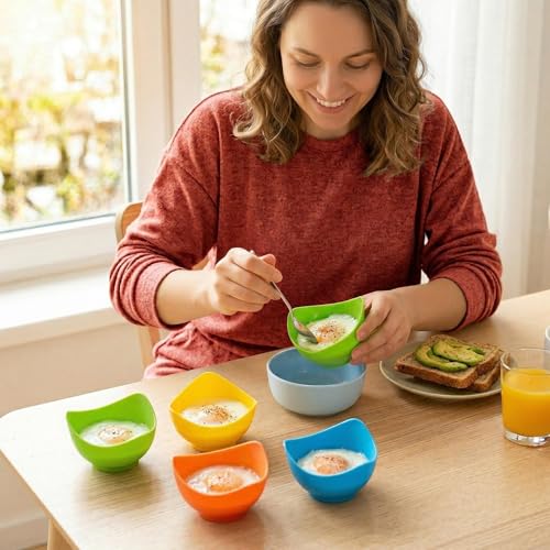 Silicone Egg Poacher Cups, 4 Pack with Stable Ring Base | Make Poached Eggs Easily on Stovetop, Microwave, Air Fryer or Oven, Easy Release, BPA-Free, Includes Oil Brush