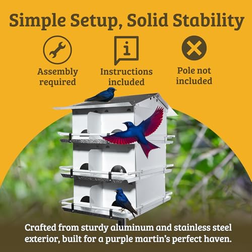 Birds Choice Premium Aluminum Purple Martin House – 12 Room, 3 Floor Birdhouse with Starling Resistant Entrance Holes, Ventilated Roof & Easy Cleaning, Unassembled | Starling Resistant Entrance Holes, Ventilated Roof for Cooler Nests, Easy Cleaning Access