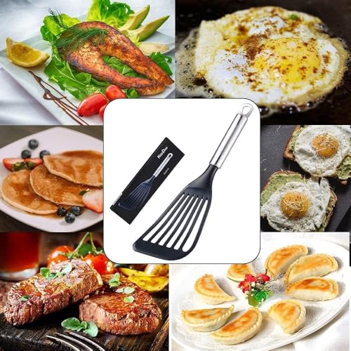 2 Pack Thin Flexible Fish Spatula for Nonstick Cookware, Black | Egg Flipper Turner, 1 Medium 1 Long Size, Hollow Steel Handle Slotted Angled LFGB Complaint Nylon Blade, Dishwasher Safe - size: Medium (2 Pack)