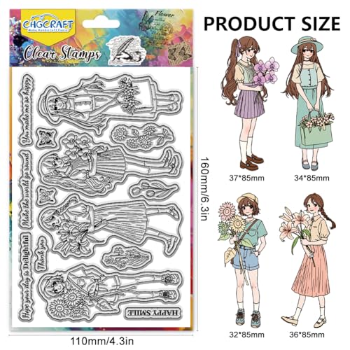 CHGCRAFT Girl and Flowers Style Clear Stamps Sunflowers and Butterflies Silicone Stamp Seal for DIY Scrapbooking and Card Making Paper Craft Decor 6.3 × 4.3 Inch - style: Girl and Flowers