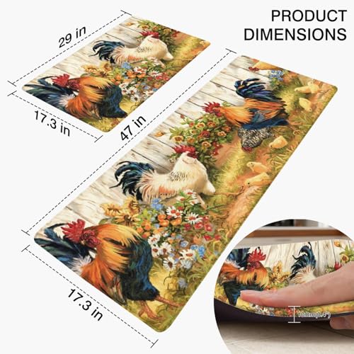 Rooster Kitchen Rugs and Mats Set of 2, 17.3"x47"+17.3"x29" | Anti Fatigue Cushioned Floor Mat, Non-Slip Waterproof Farmhouse Decor Runner for Sink, Stove, Laundry Room - color: Rooster