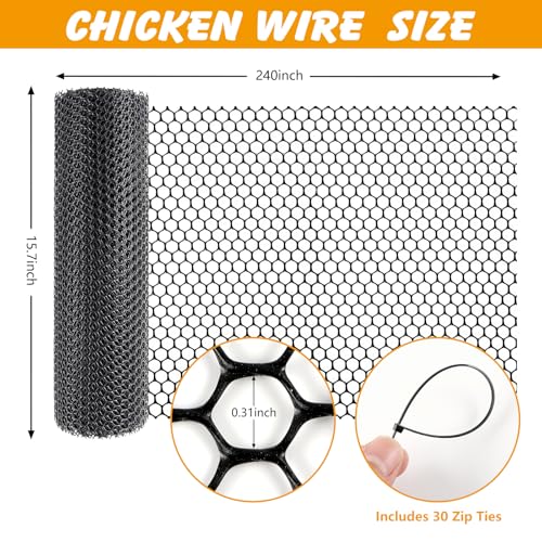 Chicken Wire Fencing Roll 15.7 x 240 in, Black Plastic Garden Mesh | HDPE weather-resistant mesh, easy to cut and install, includes 30 zip ties, for gardens, plant protection, pets and coops - color: Black( Plastic)