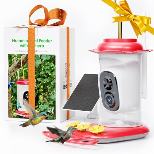 Solar Hummingbird Feeder with Camera, 2K Live View AI Identify Camera | 2K live view camera, Smart AI species identification, Ant guard & moat, Bee proof design, 3 feeding ports, Bird lover gift