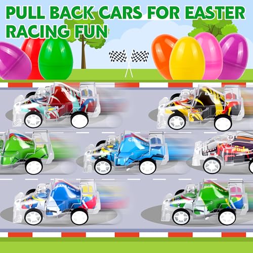 Seifar 48 Pack Prefilled Easter Eggs Pull Back Cars, Small Race Cars Racing Car for Easter Stuffing Egg Hunt Basket Stuffers Filler Surprise Party Favor Classroom Prize - style: F1