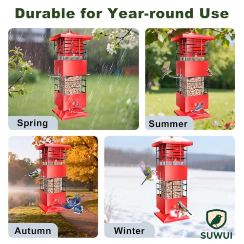 Squirrel Proof Bird Feeder, 3.5Lbs Metal Wild Bird Feeders Anti Squirrel with 4 Feeding Ports for Garden Bird Feeding Station Outdoors Hanging, Pigeon Resistant, Easy to Clean & Refill (Red) - color: Red