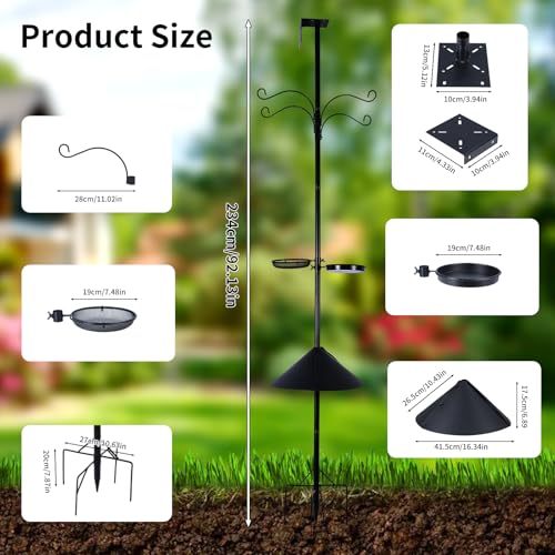 4 in 1 92 Inch Bird Feeder Pole with Squirrel Baffle | With Bath, Food Tray, 4 Hooks and Holds Cage, Metal, For Outdoors, Heavy Duty, Weatherproof