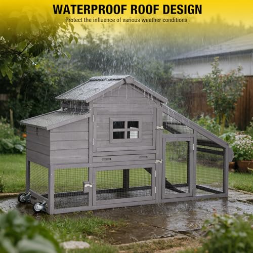 Wooden Chicken Coop, Large Chicken Tractor with Wheels, Weatherproof Hen House with Nest Box and Removable Tray, Mobile Poultry Hutch for 2-4 Chickens, Rabbits & Ducks (Grey) - color: Grey, size: 72.3"L x 26.0"W x 39.4"H