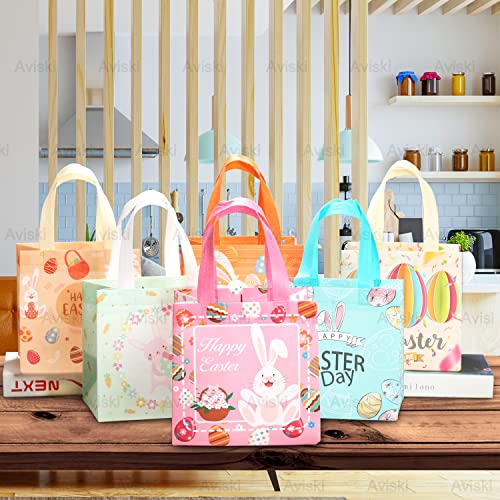 6PCS Happy Easter Egg Hunt Bags Easter Bunny Carrot Chick Egg Gift Bags with Handles, Easter Treat Bags, Multifunctional Non-Woven Bags for Gifts Wrapping, Egg Hunt Game, Easter Party Supplies, - color: 6PCS Blue Green Orange Pink