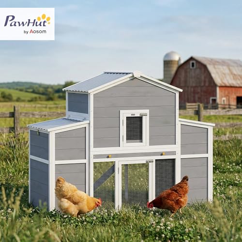 PawHut 66.5" Large Chicken Coop with Waterproof Roof, Ramp for 2-4 Hens | Wooden Chicken House, 2 Nesting Boxes, Sliding Tray, Outdoor Hen House Poultry Cage, Farm, Backyard