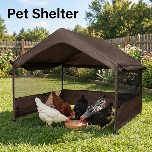 Outdoor Dog Tent, 4'x4'x3' Dog Shade House Shelter for Large Medium Pets | Outside Sun Rain Waterproof Dog Canopy with Three-Sided Breathable Mesh Windows, Livestock House with Ground Nails, Brown - color: Brown (Breathable Mesh Windows)