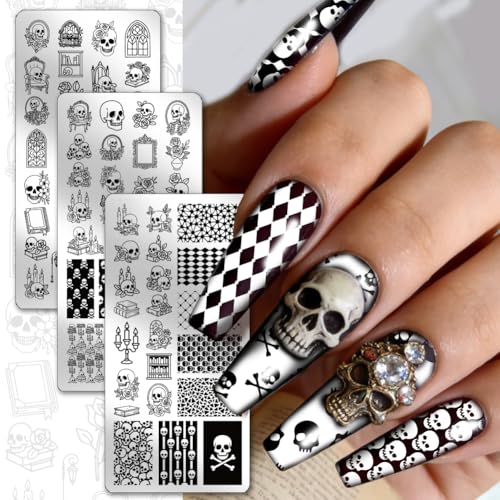 PH PandaHall 3pcs Reading Skull Nail Stamping Plates, Vintage Rose Skull Book Nail Art Templates Gothic Skelton Stainless Steel Image Plate Stencils with Tool for DIY Print Manicures Salon Design - style: Reading Skull
