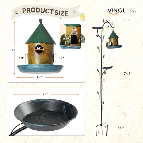 VINGLI 74.8" H Metal Bird Bath with Bird House, Outdoor Bird Bath with Stakes, 3-in-1 Bird Feeder for Patio, Garden, Yard, Lawn (Hanging Bird House)