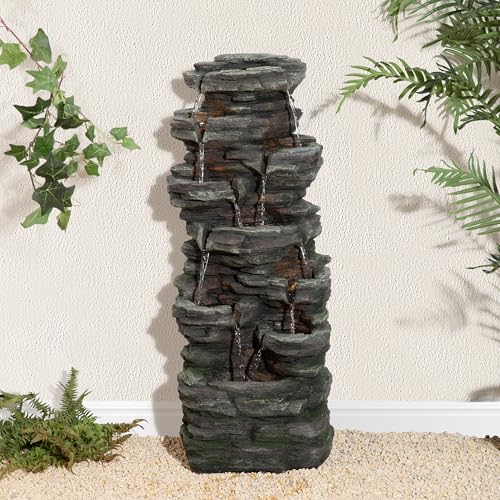 Glitzhome Outdoor Water Fountain, 9-Tiered Rock Floor Fountain with Cascading Water, 39.25" H Polyresin Waterfall Fountain with Pump and LED Light Outdoor Water Feature for Garden Yard Patio Porch - color: 9-tiered Rock