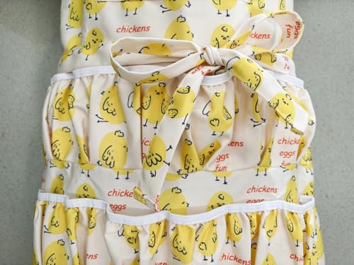 Full Egg Apron for Teenage, 8 Deep Egg Pockets with Elastic Closure | Long Wasit Ties, 2 Chest & 3 Bottom Extra Tool Pockets, Adjustable Strap, Yellow Chick Printed, Egg Collect Gather Hold Apron - color: Yellow for Teen