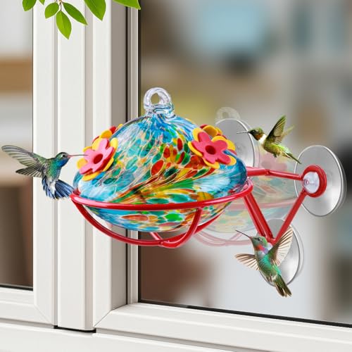 Window Hummingbird Feeder - Hand Blown Glass Mounted Hummingbird Feeder with Strong Suction Cups for Outdoor Window Mount (Blue) - color: Blue