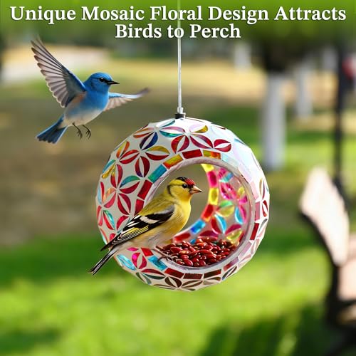 VOREEN Mosaic Glass Bird Feeder, Handcrafted Hanging Fly-Through Feeder for Outdoor Garden & Backyard, Decorative Wild Bird Feeder with Steel Wire Cable –Colorful Floral Mosaic Style - color: Multicolor kiss