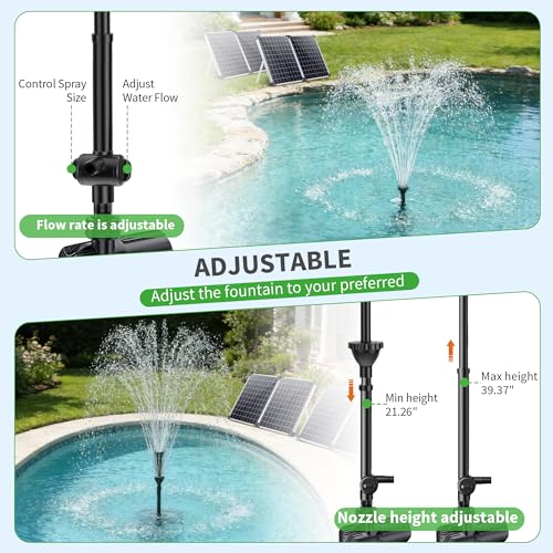 100W Solar Water Fountain Pump, 1200GPH Adjustable Flow & Dry-Run Protection Pond Pump, Dual Solar Panels, 3 Spray Nozzles, Solar Fountain Pump Kit for Outdoor Ponds, Water Garden P1100 - size: 100W
