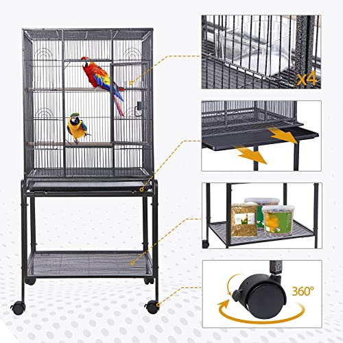 HSM 53 Inch Wrought Iron Large Bird Flight Cage with Rolling Stand | Bird Flight Cage Casters, Slide-out Tray for African Grey Parrot Parakeets Canaries Parrot Cockatiels Lovebirds Conures