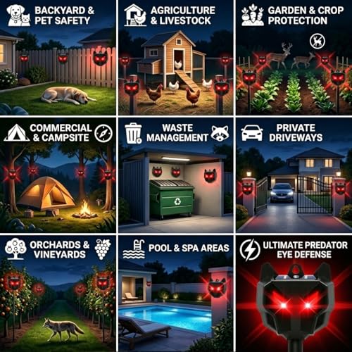 8 Pack Upgraded Coyote Deterrent Solar Predator Eyes Animal Repellent Outdoor Red LED Predator Light Deterrent for Deer,Fox, Raccoon,Skunk, Night Sentry for Chicken Coop,Yard,Garden & Farm Protection