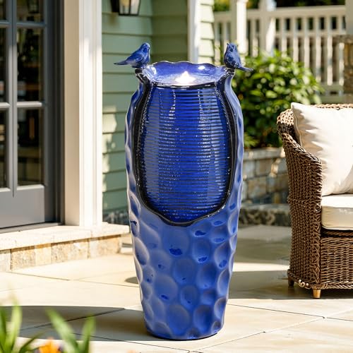 Autodaya 33" Vase Ceramic Outdoor Water Fountain with Lights and Birds | cobalt blue glazed water feature with textured design, ambient soothing cascading water flow for garden patio yard sanctuary - color: 33"h-hammered Cobalt Blue