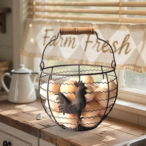 Wire Egg Basket for Gathering Fresh Eggs, Rustic with Rooster & Wood Handle | Vintage, Rusty Metal Open Weave, Backyard Chicken Keepers, Holds 24, Easter/Xmas Gift, Egg Collecting Basket, Kitchen Counter