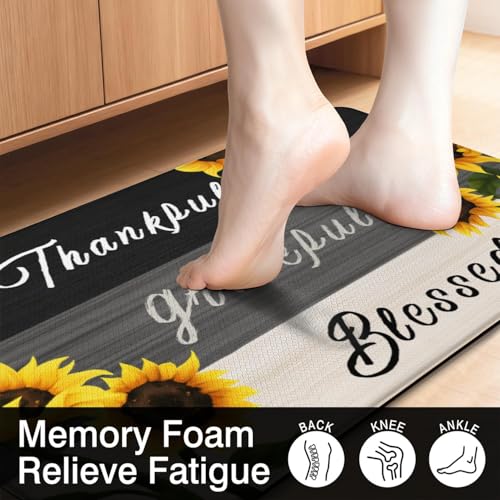 Sunflower Anti Fatigue Kitchen Rugs, 17.3"x47"+17.3"x29" | Non Slip Comfort Washable Waterproof Country Farmhouse Kitchen Decor Mat, Floor Rug Set of 2 for Home, Sink, Laundry - color: Sunflower