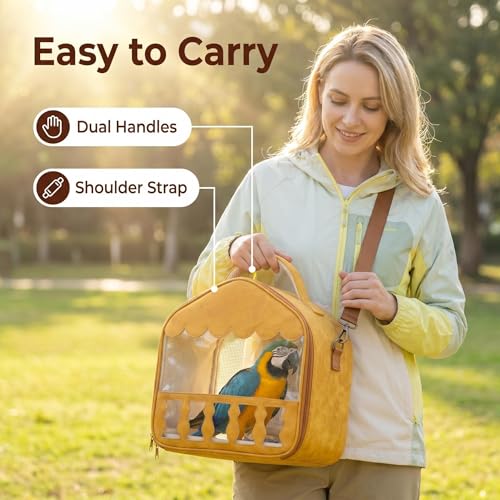 Breathable Parrot Travel Carrier, Dual Carry Bird Cage with Perch and Tray for Small Parrots (Bird Travel Carrier/Removable Tray/Wooden Perch)
