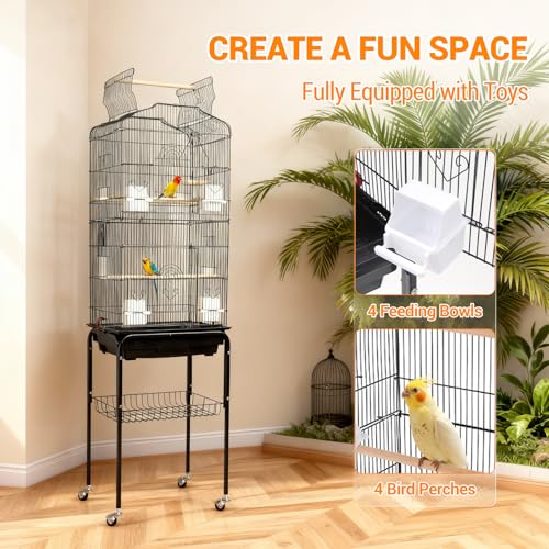 64'' Large Metal Bird Flight Cage with Open Top, Detachable Rolling Stand & Storage Shelf for Parrots, Conures, Lovebirds, Cockatiels, Parakeets, Black