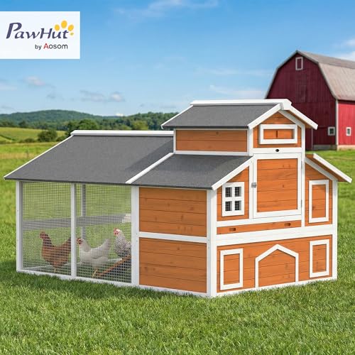 PawHut 79" L Chicken Coop for 6 Chickens with Run 2 Nesting Boxes Orange | Outdoor Wooden Hen House Poultry Cage, Slide-Out Tray, Sliding Rod Door, Roosting Bar, Waterproof Asphalt Roof