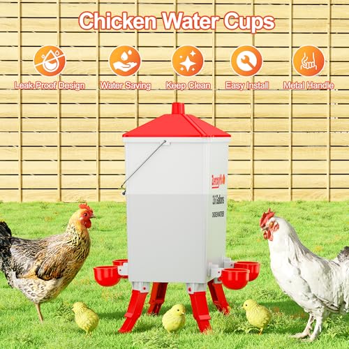 3.6 Gal Chicken Waterer with 4 Automatic Water Cups - 3 Height Adjustable | Anti-roost Cone and Locking Legs Design, Auto Fill Cups for Backyard Flock - style: Waterer with Cups