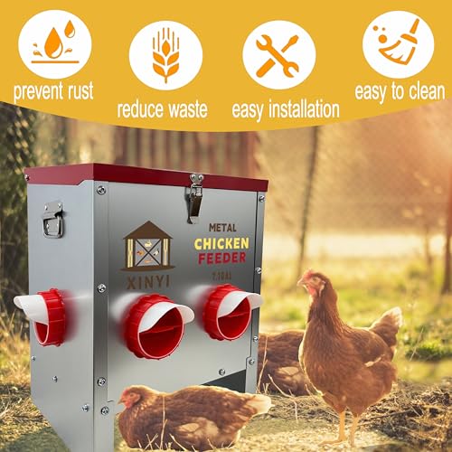 XINYI 7.1 Gallon Auto Chicken Feeder, 6 Ports Galvanized Chicken Feeder,Large Chicken Food Container No Waste & Rodent Proof Chicken Food Dispenser System, Weatherproof Duck Feeder - size: 6 ports