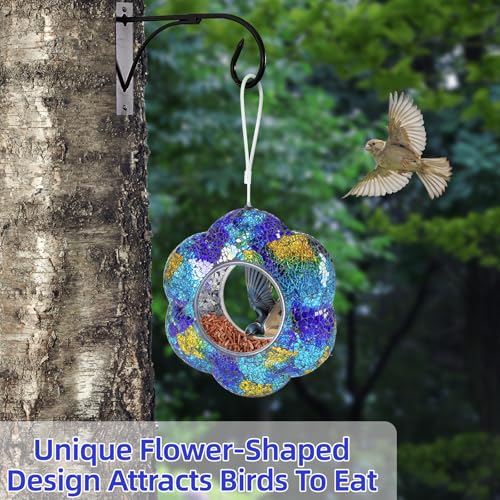 VOREEN Mosaic Glass Bird Feeder, Handcrafted Hanging Fly-Through Feeder for Outdoor Garden & Backyard, Blue Flower Mosaic Style - color: Blue Flower