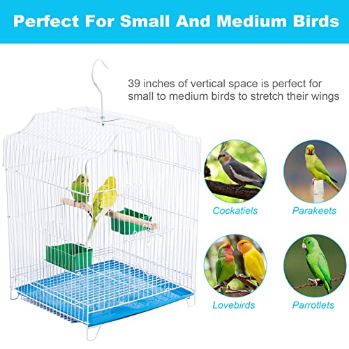 Small Bird Cage, Starter Kit with 2 Feeding Cups, Perch and Removable Tray | Lightweight with handle and hooks for travel, outings and vet visits with parakeets, canaries, lovebirds and finches. - size: White 13"L x 11.8"W x 17.7"H