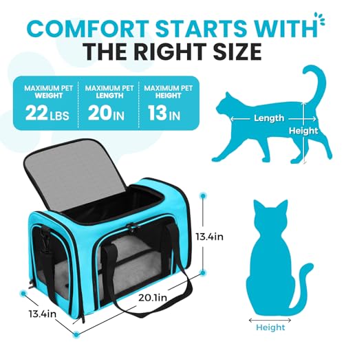Soft-Sided Cat Carrier 20x13x13 in Expandable Travel Pet Bag 22LBS | For Cats and Small Dogs with Anti-Scratch Mesh Washable Mat Collapsible Escape-Proof Airline Approved with Shoulder Strap - color: Blue, size: 13.4"L x 13.4"W x 20.1"H