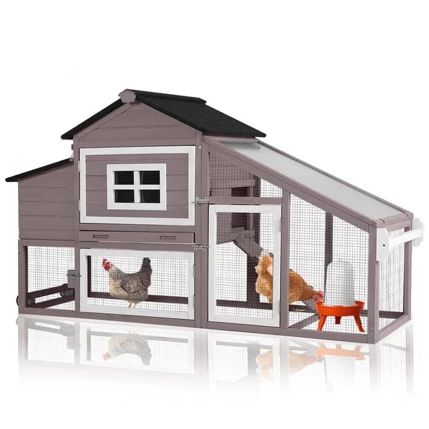 GUTINNEEN Chicken Coop with Wheels, Expandable Hen House Poultry Cage with Run, UV-Protected Roof, Divided Nesting Boxes, Easy One-Person Move, Ideal for 2 Adult Chickens or 4 Bantams, 72.3" L, Brown - color: Brown, size: 72.3"L x 26"W x 39.8"H