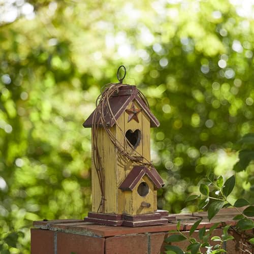 Glitzhome Bird Houses for Outside, Decorative Bird House,11.5"H Distressed Solid Wood Hanging Birdhouses for Outdoors, Hummingbird House Bird Cottage with Rattan for Outdoor Patio Garden,Washed Yellow - color: 11.5"H