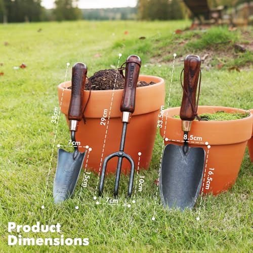 RESTMO Gardening Tools Set, 3-in-1, Carbon Steel, Wooden Handle, Brown | Heavy duty gardening tools kit. Includes trowel, transplanter, cultivator. Ergonomic wooden handle. Ideal gardening gifts. - size: Gardening Tool Set