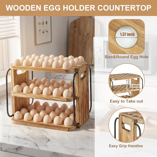 Wooden Egg Holder Countertop for Fresh Eggs with Handle | 3 layer, fresh egg holder countertop, stackable with 90 eggs for countertop to store chicken/duck/hand painted/easter egg - color: Pine