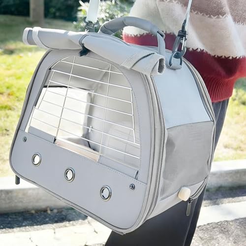 Bird Travel Carrier Cage, with Stainless Steel Metal Window and Wood Perch, Portable Bag for Cockatiel Parakeet Conure Green Cheek Budgie (Grey, Steel Window) - color: Grey